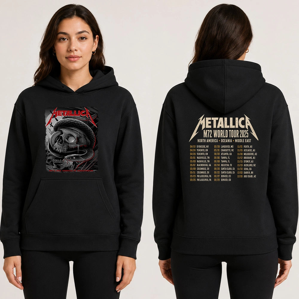 Metallica M72 World Tour May 3 2025 Nissan Stadium Nashville Tennessee United States 2 side T-shirt by Maxx242 featuring a black serpent coiled around a weathered skull, graveyard silhouettes and M72 tour back print.