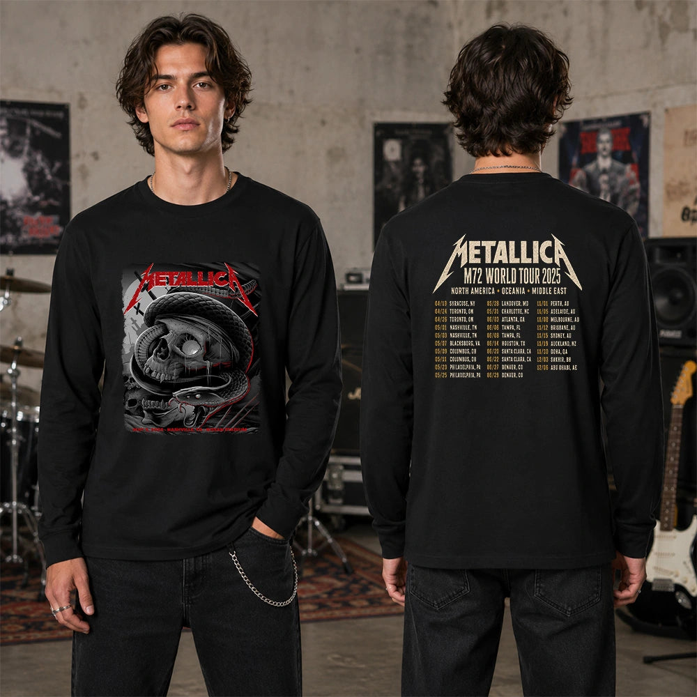 Metallica M72 World Tour May 3 2025 Nissan Stadium Nashville Tennessee United States 2 side T-shirt by Maxx242 featuring a black serpent coiled around a weathered skull, graveyard silhouettes and M72 tour back print.