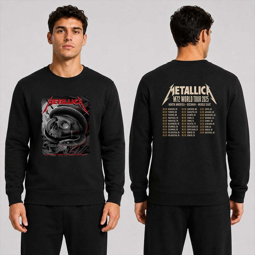 Metallica M72 World Tour May 3 2025 Nissan Stadium Nashville Tennessee United States 2 side T-shirt by Maxx242 featuring a black serpent coiled around a weathered skull, graveyard silhouettes and M72 tour back print.