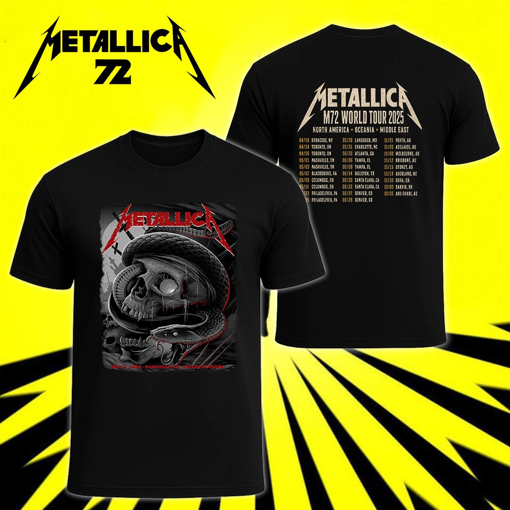 Metallica M72 World Tour May 3 2025 Nissan Stadium Nashville Tennessee United States 2 side T-shirt by Maxx242 featuring a black serpent coiled around a weathered skull, graveyard silhouettes and M72 tour back print.