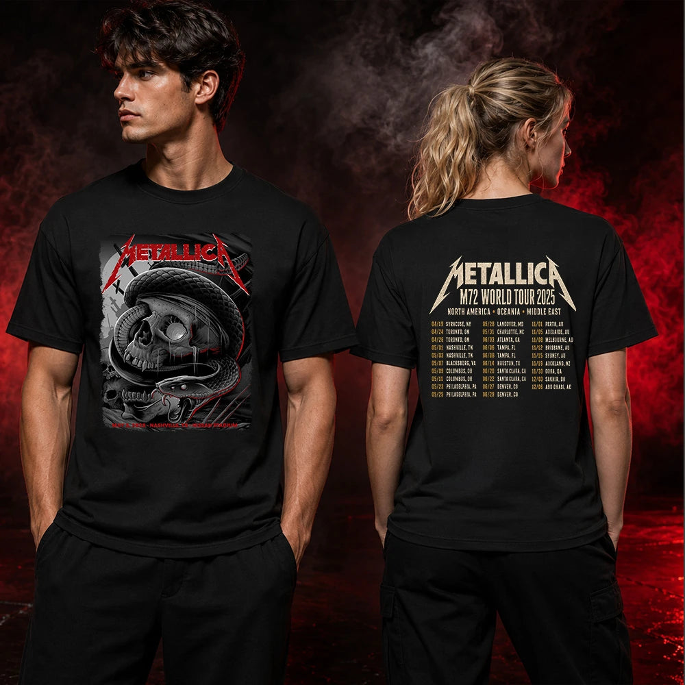 Metallica M72 World Tour May 3 2025 Nissan Stadium Nashville Tennessee United States 2 side T-shirt by Maxx242 featuring a black serpent coiled around a weathered skull, graveyard silhouettes and M72 tour back print.