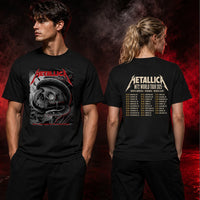 Metallica M72 World Tour May 3 2025 Nissan Stadium Nashville Tennessee United States 2 side T-shirt by Maxx242 featuring a black serpent coiled around a weathered skull, graveyard silhouettes and M72 tour back print.