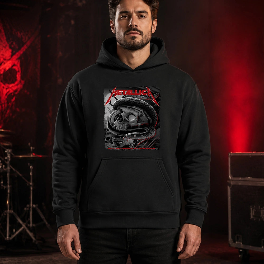 Metallica M72 World Tour May 3 2025 Nissan Stadium Nashville Tennessee United States T-shirt by Maxx242 featuring a black serpent coiled around a weathered skull, graveyard silhouettes and Nashville event text.