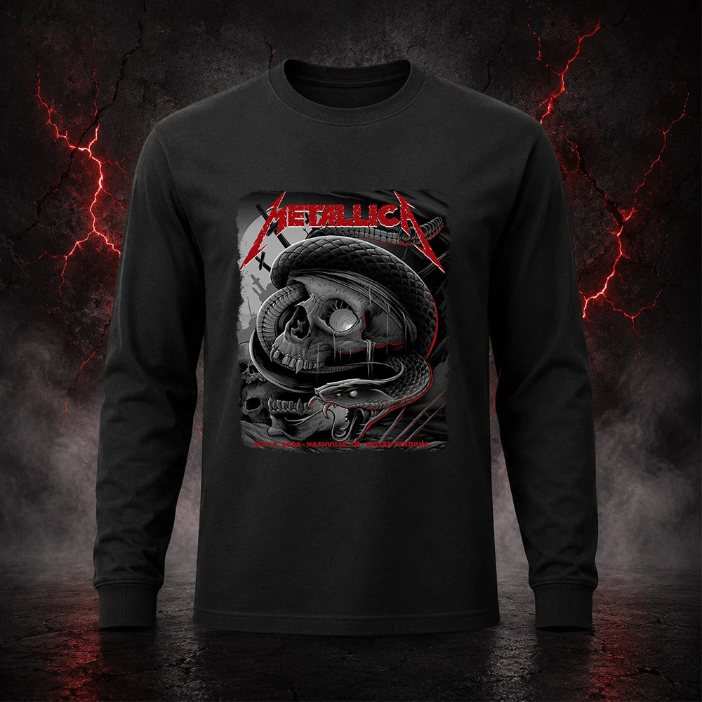 Metallica M72 World Tour May 3 2025 Nissan Stadium Nashville Tennessee United States T-shirt by Maxx242 featuring a black serpent coiled around a weathered skull, graveyard silhouettes and Nashville event text.
