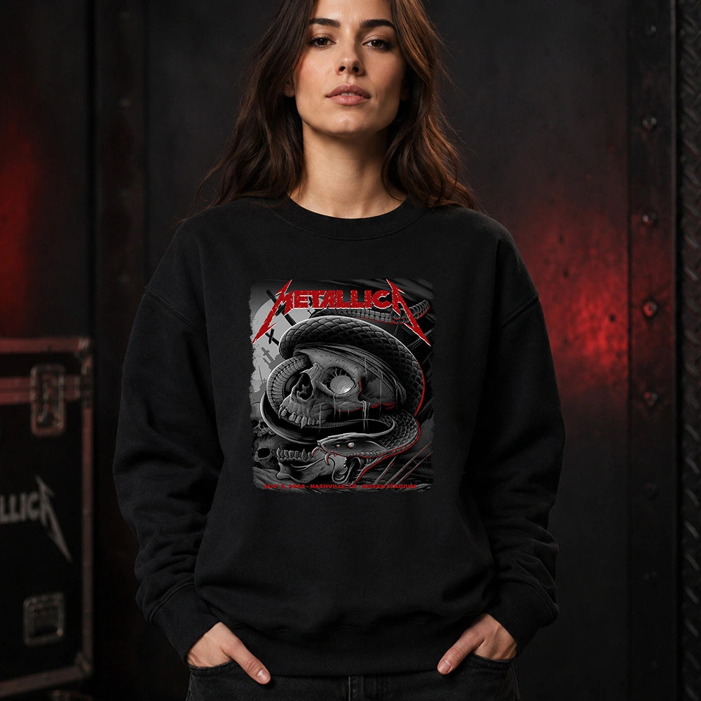 Metallica M72 World Tour May 3 2025 Nissan Stadium Nashville Tennessee United States T-shirt by Maxx242 featuring a black serpent coiled around a weathered skull, graveyard silhouettes and Nashville event text.