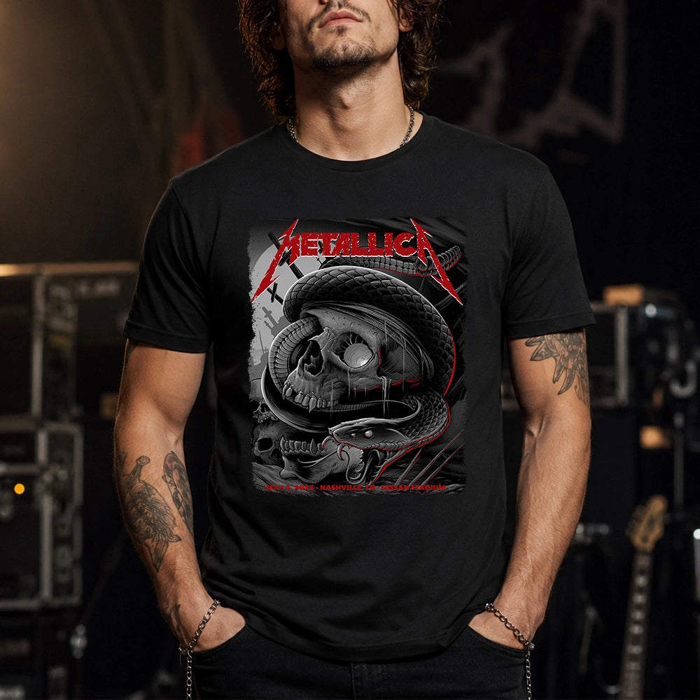 Metallica M72 World Tour May 3 2025 Nissan Stadium Nashville Tennessee United States T-shirt by Maxx242 featuring a black serpent coiled around a weathered skull, graveyard silhouettes and Nashville event text.