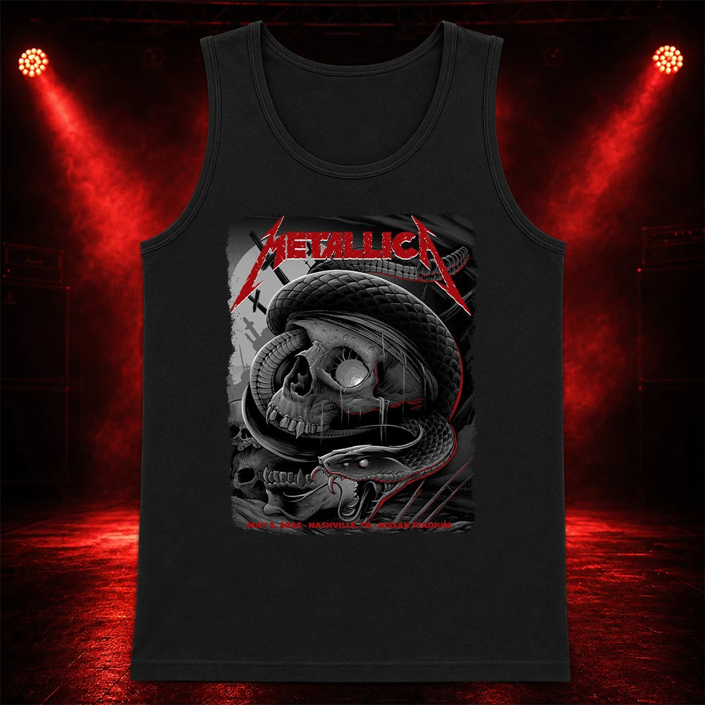 Metallica M72 World Tour May 3 2025 Nissan Stadium Nashville Tennessee United States T-shirt by Maxx242 featuring a black serpent coiled around a weathered skull, graveyard silhouettes and Nashville event text.