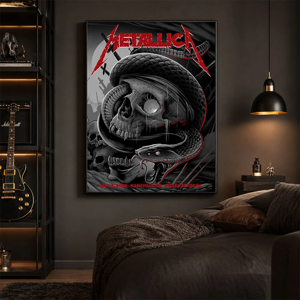 Metallica M72 World Tour May 3 2025 Nissan Stadium Nashville Tennessee United States poster canvas featuring a black serpent coiled around a weathered skull, graveyard silhouettes and Nashville event text.