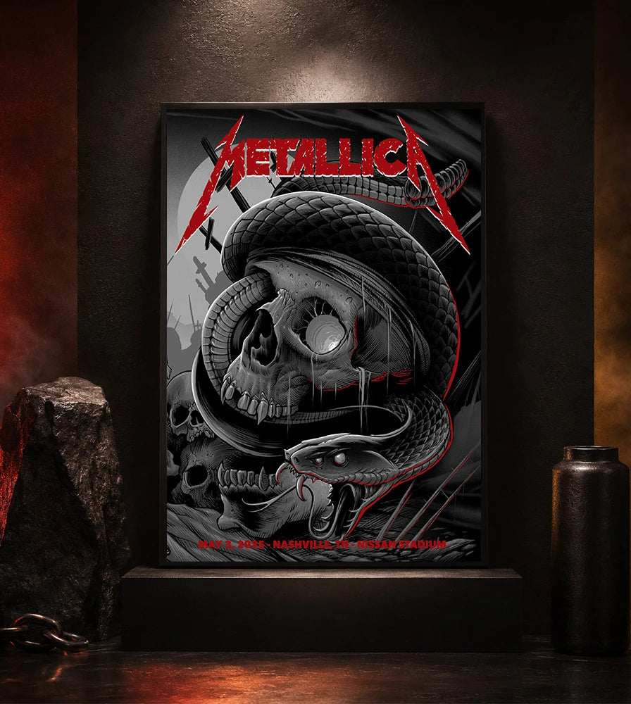 Metallica M72 World Tour May 3 2025 Nissan Stadium Nashville Tennessee United States poster canvas featuring a black serpent coiled around a weathered skull, graveyard silhouettes and Nashville event text.