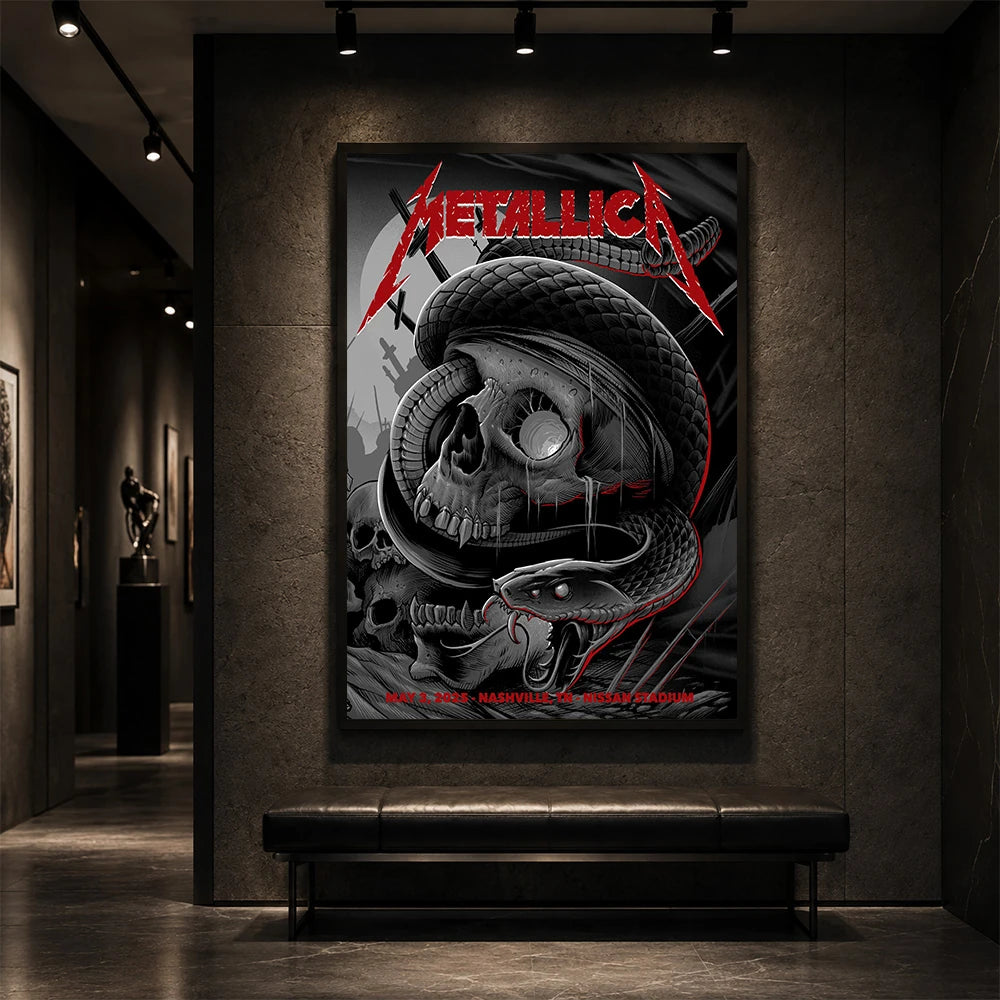 Metallica M72 World Tour May 3 2025 Nissan Stadium Nashville Tennessee United States poster canvas featuring a black serpent coiled around a weathered skull, graveyard silhouettes and Nashville event text.