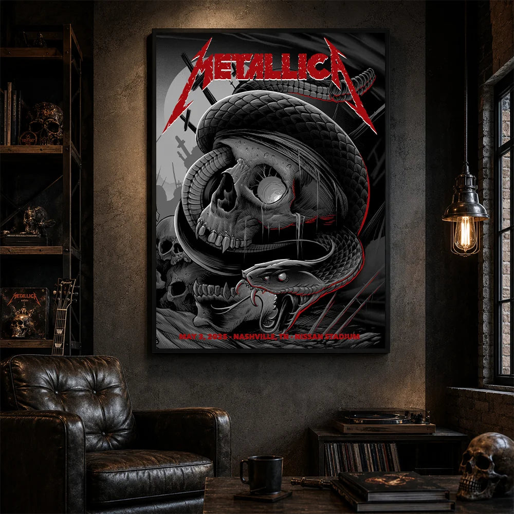 Metallica M72 World Tour May 3 2025 Nissan Stadium Nashville Tennessee United States poster canvas featuring a black serpent coiled around a weathered skull, graveyard silhouettes and Nashville event text.