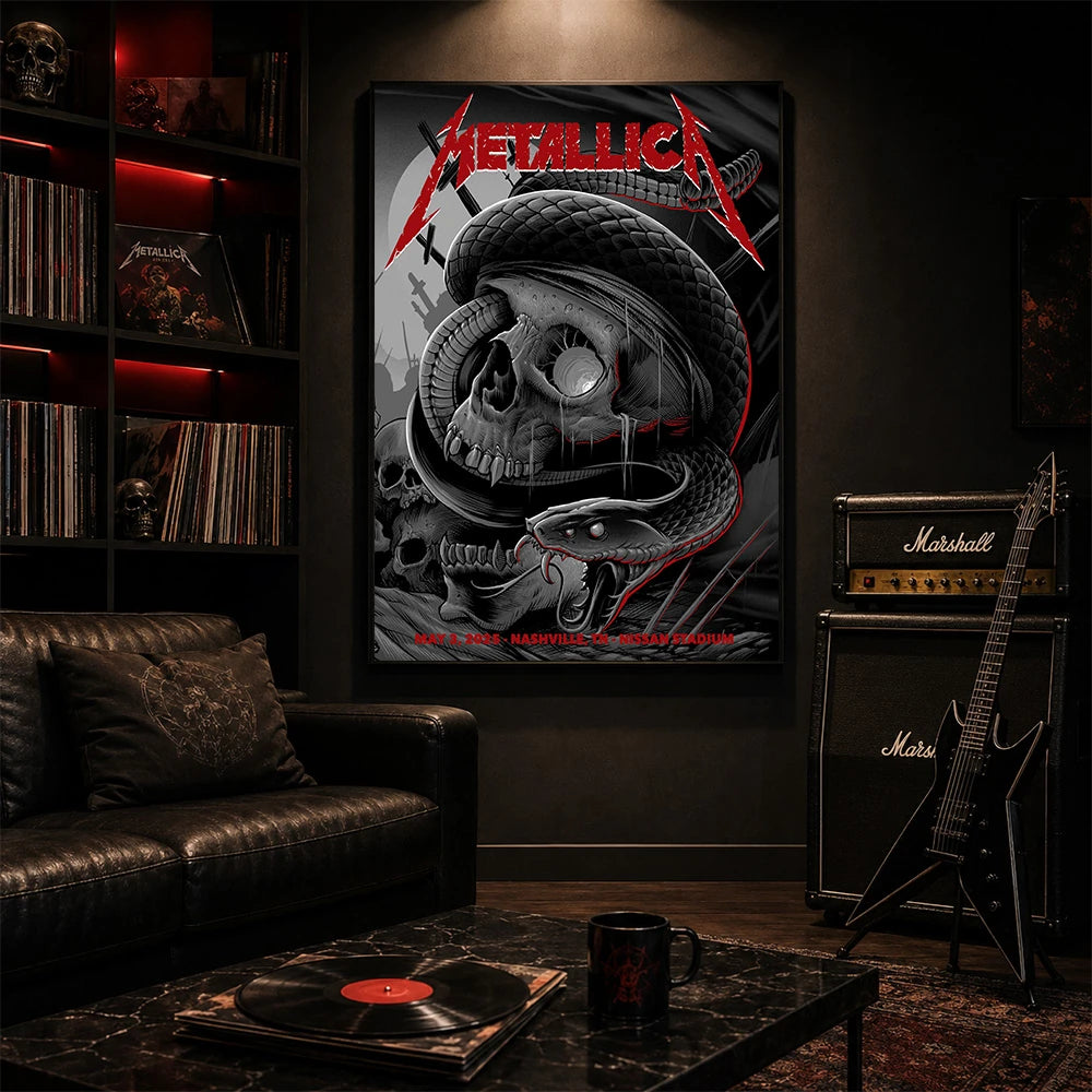 Metallica M72 World Tour May 3 2025 Nissan Stadium Nashville Tennessee United States poster canvas featuring a black serpent coiled around a weathered skull, graveyard silhouettes and Nashville event text.