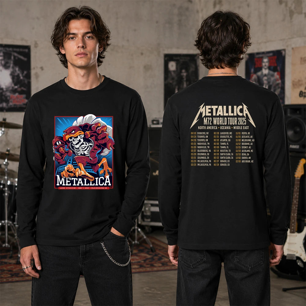 Metallica M72 World Tour May 7 2025 Lane Stadium Blacksburg Virginia United States 2 side T-shirt by Moe Dime featuring a charging bird mascot creature with a skeleton chest, sharp talons, stadium backdrop and M72 tour back print.