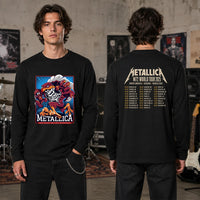 Metallica M72 World Tour May 7 2025 Lane Stadium Blacksburg Virginia United States 2 side T-shirt by Moe Dime featuring a charging bird mascot creature with a skeleton chest, sharp talons, stadium backdrop and M72 tour back print.