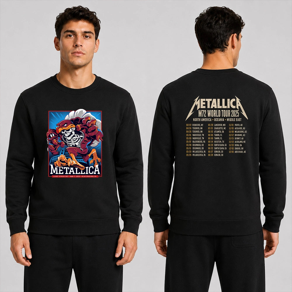 Metallica M72 World Tour May 7 2025 Lane Stadium Blacksburg Virginia United States 2 side T-shirt by Moe Dime featuring a charging bird mascot creature with a skeleton chest, sharp talons, stadium backdrop and M72 tour back print.