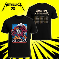 Metallica M72 World Tour May 7 2025 Lane Stadium Blacksburg Virginia United States 2 side T-shirt by Moe Dime featuring a charging bird mascot creature with a skeleton chest, sharp talons, stadium backdrop and M72 tour back print.