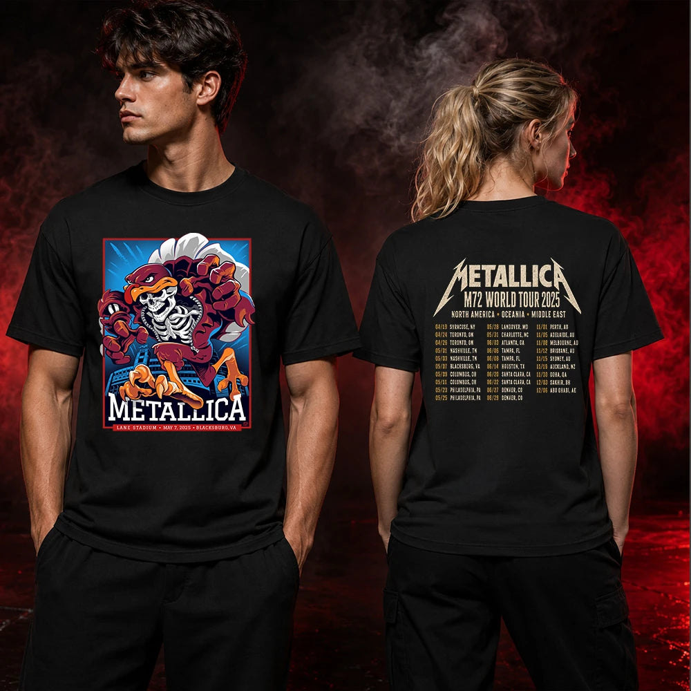 Metallica M72 World Tour May 7 2025 Lane Stadium Blacksburg Virginia United States 2 side T-shirt by Moe Dime featuring a charging bird mascot creature with a skeleton chest, sharp talons, stadium backdrop and M72 tour back print.