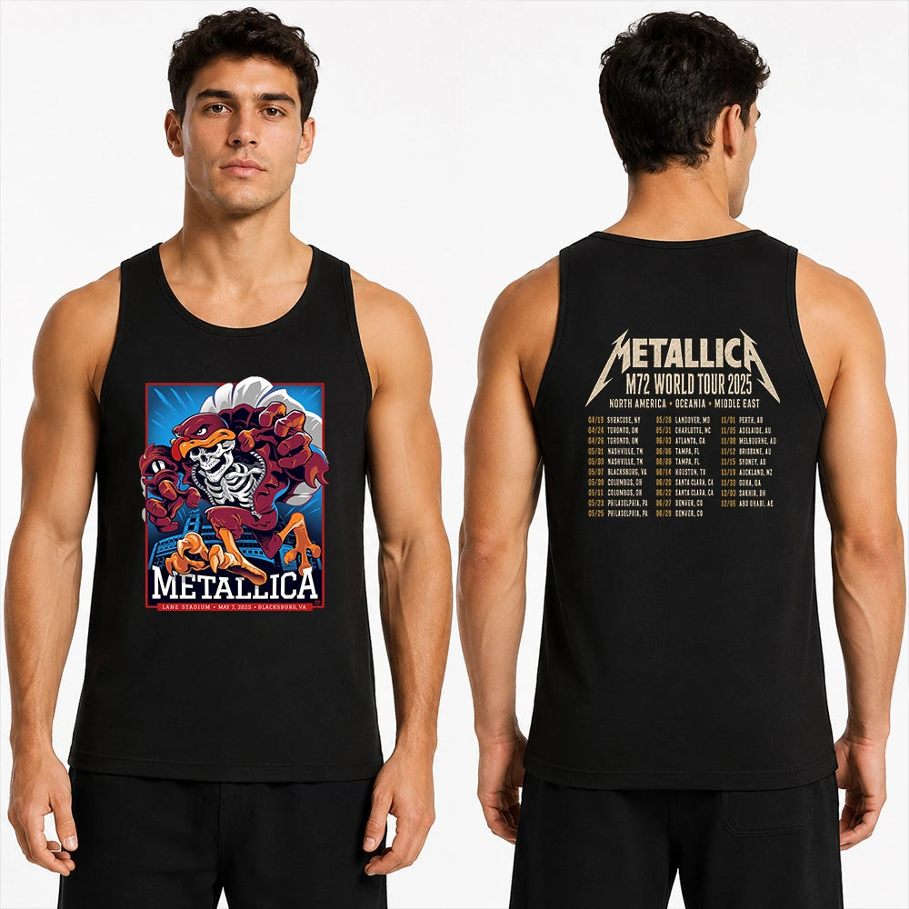 Metallica M72 World Tour May 7 2025 Lane Stadium Blacksburg Virginia United States 2 side T-shirt by Moe Dime featuring a charging bird mascot creature with a skeleton chest, sharp talons, stadium backdrop and M72 tour back print.