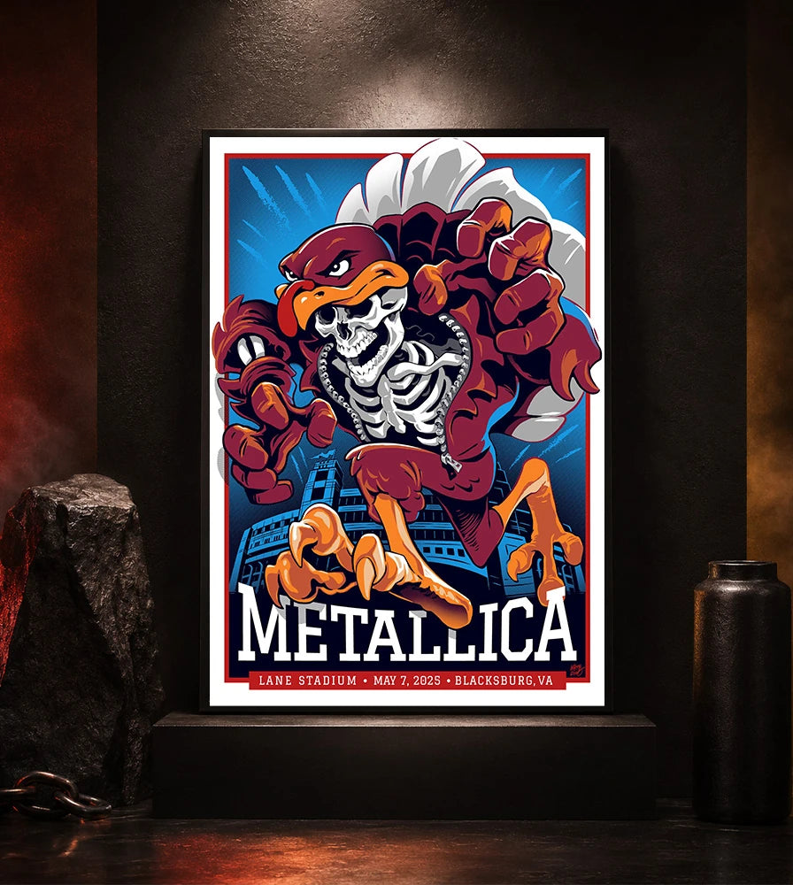 Metallica M72 World Tour May 7 2025 Lane Stadium Blacksburg Virginia United States poster canvas by Moe Dime featuring a charging bird mascot creature with a skeleton chest, sharp talons, stadium backdrop and Blacksburg event text.