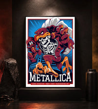 Metallica M72 World Tour May 7 2025 Lane Stadium Blacksburg Virginia United States poster canvas by Moe Dime featuring a charging bird mascot creature with a skeleton chest, sharp talons, stadium backdrop and Blacksburg event text.