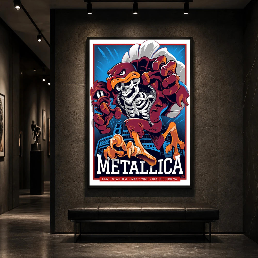 Metallica M72 World Tour May 7 2025 Lane Stadium Blacksburg Virginia United States poster canvas by Moe Dime featuring a charging bird mascot creature with a skeleton chest, sharp talons, stadium backdrop and Blacksburg event text.