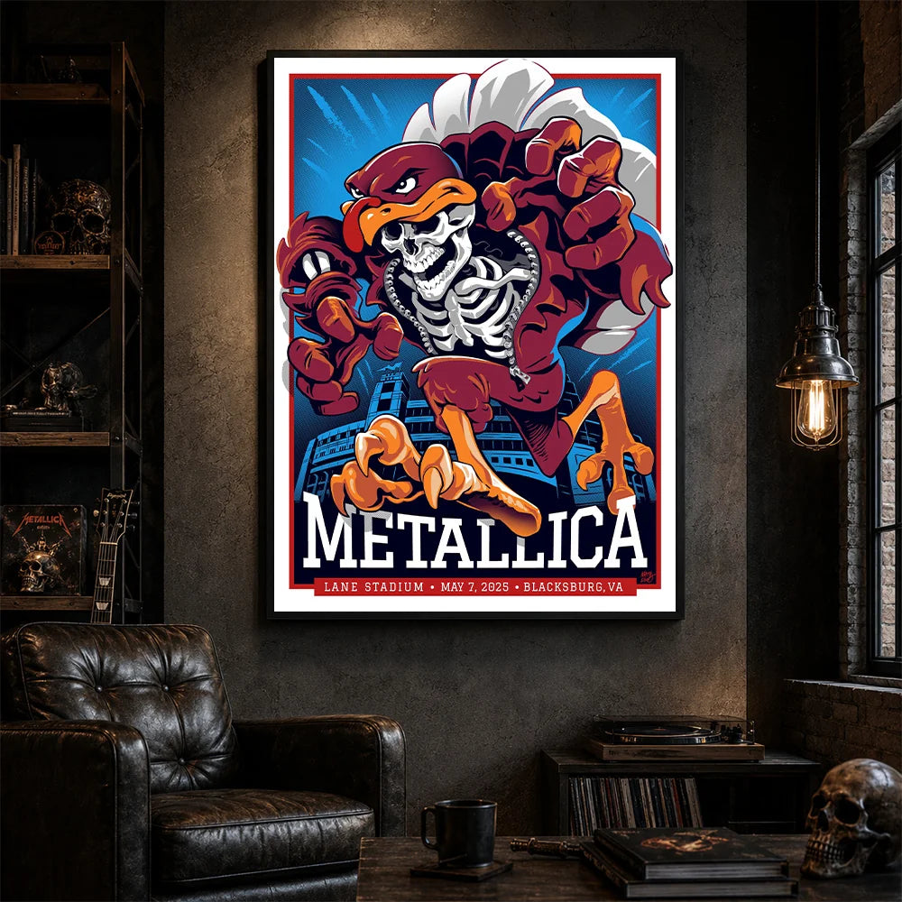 Metallica M72 World Tour May 7 2025 Lane Stadium Blacksburg Virginia United States poster canvas by Moe Dime featuring a charging bird mascot creature with a skeleton chest, sharp talons, stadium backdrop and Blacksburg event text.