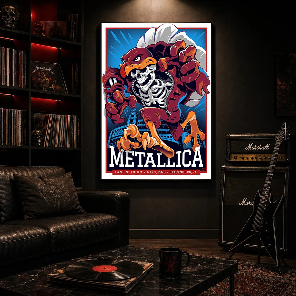Metallica M72 World Tour May 7 2025 Lane Stadium Blacksburg Virginia United States poster canvas by Moe Dime featuring a charging bird mascot creature with a skeleton chest, sharp talons, stadium backdrop and Blacksburg event text.