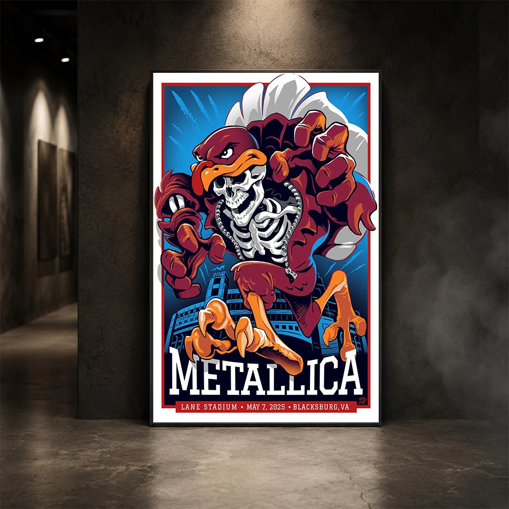 Metallica M72 World Tour May 7 2025 Lane Stadium Blacksburg Virginia United States poster canvas by Moe Dime featuring a charging bird mascot creature with a skeleton chest, sharp talons, stadium backdrop and Blacksburg event text.