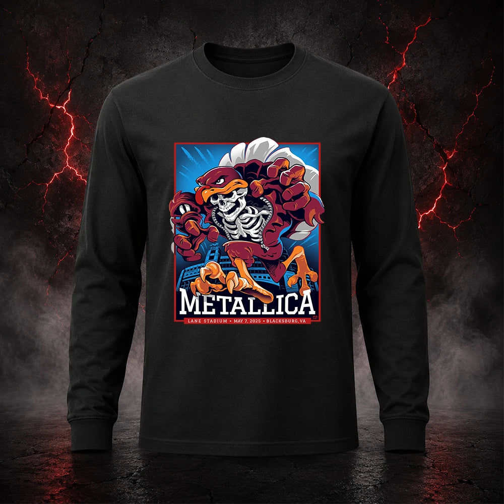 Metallica M72 World Tour May 7 2025 Lane Stadium Blacksburg Virginia United States T-shirt by Moe Dime featuring a charging bird mascot creature with a skeleton chest, sharp talons, stadium backdrop and Blacksburg event text.