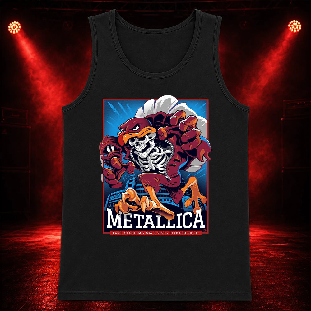 Metallica M72 World Tour May 7 2025 Lane Stadium Blacksburg Virginia United States T-shirt by Moe Dime featuring a charging bird mascot creature with a skeleton chest, sharp talons, stadium backdrop and Blacksburg event text.