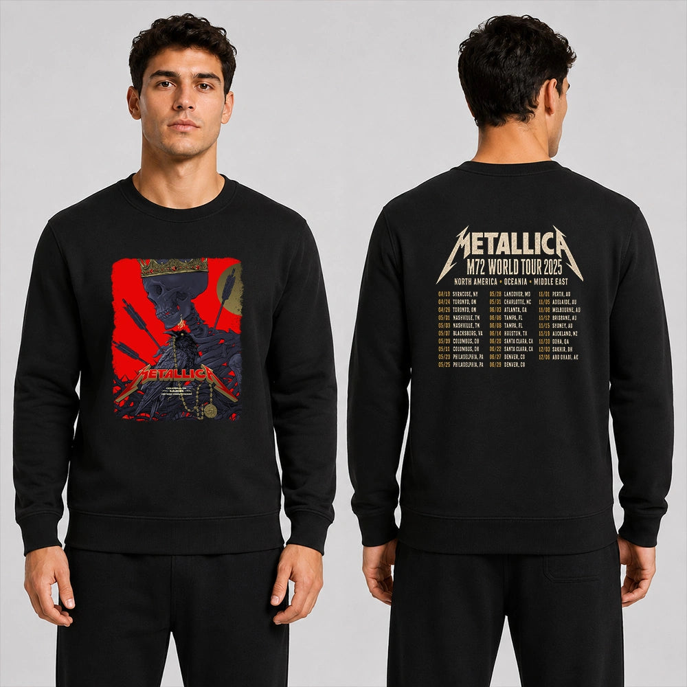 Metallica M72 World Tour May 9 2025 Historic Crew Stadium Columbus Ohio United States 2 side T-shirt by Vance Kelly featuring a crowned skeleton, black raven, arrows, thorny roots, gold medallion and M72 tour back print.