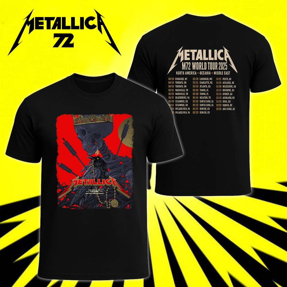 Metallica M72 World Tour May 9 2025 Historic Crew Stadium Columbus Ohio United States 2 side T-shirt by Vance Kelly featuring a crowned skeleton, black raven, arrows, thorny roots, gold medallion and M72 tour back print.