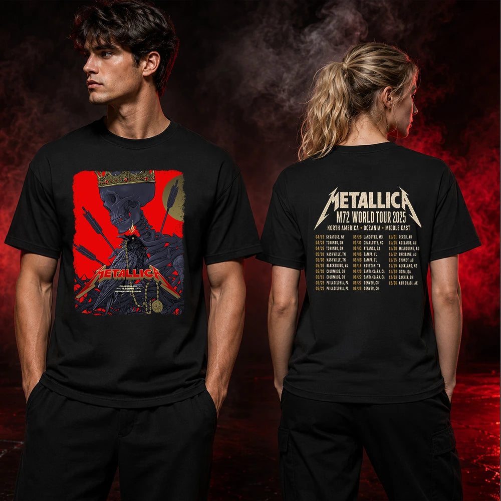 Metallica M72 World Tour May 9 2025 Historic Crew Stadium Columbus Ohio United States 2 side T-shirt by Vance Kelly featuring a crowned skeleton, black raven, arrows, thorny roots, gold medallion and M72 tour back print.