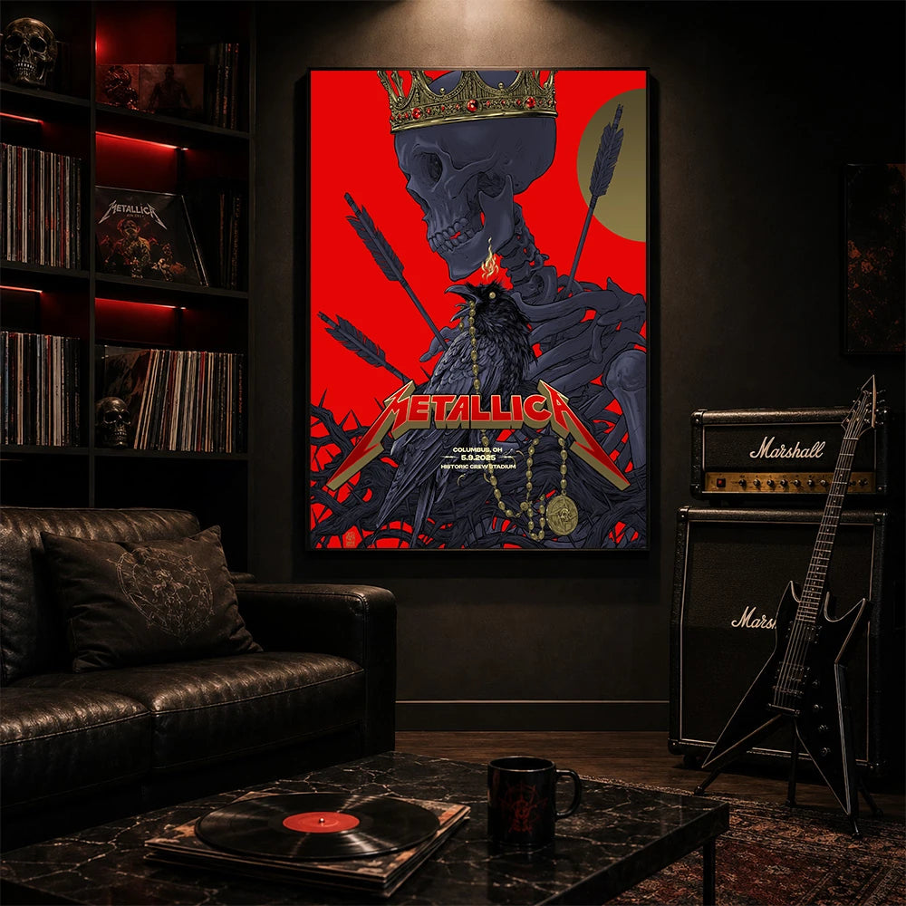 Metallica M72 World Tour May 9 2025 Historic Crew Stadium Columbus Ohio United States poster canvas by Vance Kelly featuring a crowned skeleton, black raven, arrows, thorny roots and Columbus event text.