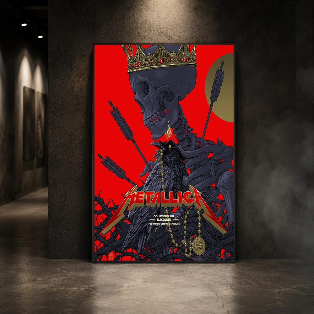 Metallica M72 World Tour May 9 2025 Historic Crew Stadium Columbus Ohio United States poster canvas by Vance Kelly featuring a crowned skeleton, black raven, arrows, thorny roots and Columbus event text.