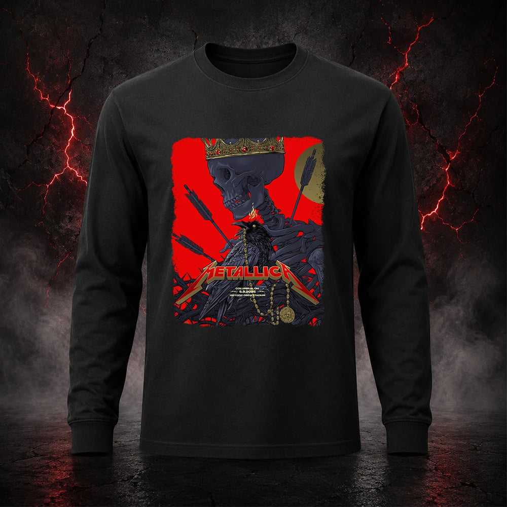 Metallica M72 World Tour May 9 2025 Historic Crew Stadium Columbus Ohio United States T-shirt by Vance Kelly featuring a crowned skeleton, black raven, arrows, thorny roots, gold medallion and Columbus event text.