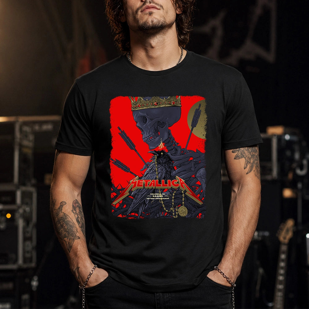 Metallica M72 World Tour May 9 2025 Historic Crew Stadium Columbus Ohio United States T-shirt by Vance Kelly featuring a crowned skeleton, black raven, arrows, thorny roots, gold medallion and Columbus event text.