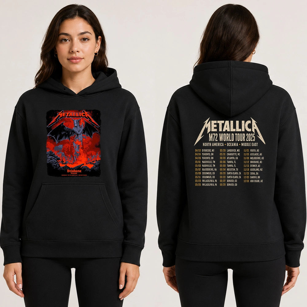 Metallica M72 World Tour November 12 2025 Suncorp Stadium Brisbane Australia 2 side T-shirt by Ken Taylor featuring a winged skeletal demon, flame details, wolf, red smoke, volcanic rocks, lava and M72 tour back print.