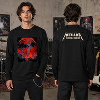 Metallica M72 World Tour November 12 2025 Suncorp Stadium Brisbane Australia 2 side T-shirt by Ken Taylor featuring a winged skeletal demon, flame details, wolf, red smoke, volcanic rocks, lava and M72 tour back print.