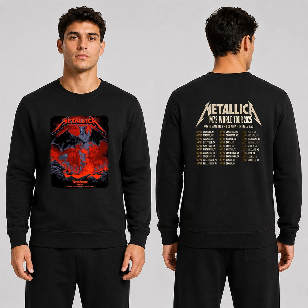 Metallica M72 World Tour November 12 2025 Suncorp Stadium Brisbane Australia 2 side T-shirt by Ken Taylor featuring a winged skeletal demon, flame details, wolf, red smoke, volcanic rocks, lava and M72 tour back print.