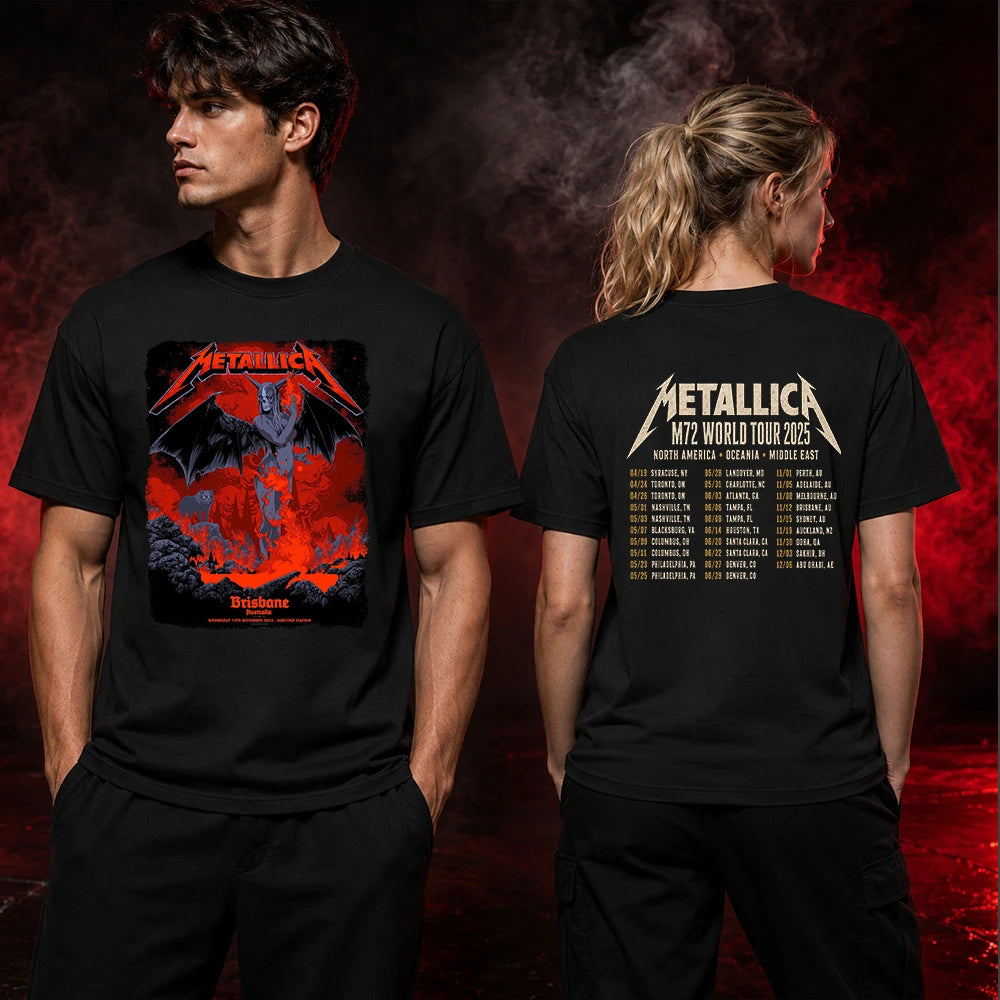 Metallica M72 World Tour November 12 2025 Suncorp Stadium Brisbane Australia 2 side T-shirt by Ken Taylor featuring a winged skeletal demon, flame details, wolf, red smoke, volcanic rocks, lava and M72 tour back print.