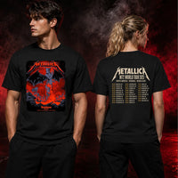 Metallica M72 World Tour November 12 2025 Suncorp Stadium Brisbane Australia 2 side T-shirt by Ken Taylor featuring a winged skeletal demon, flame details, wolf, red smoke, volcanic rocks, lava and M72 tour back print.