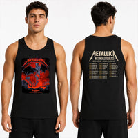 Metallica M72 World Tour November 12 2025 Suncorp Stadium Brisbane Australia 2 side T-shirt by Ken Taylor featuring a winged skeletal demon, flame details, wolf, red smoke, volcanic rocks, lava and M72 tour back print.