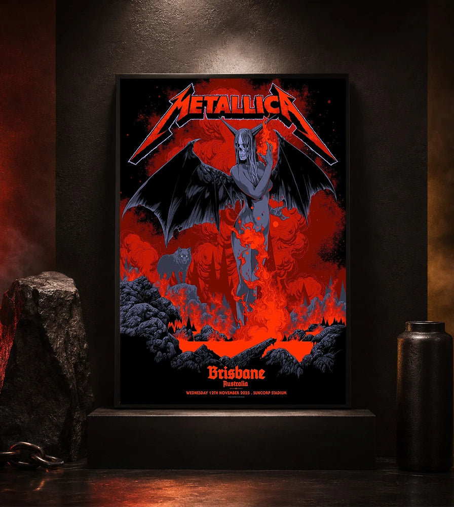 Metallica M72 World Tour November 12 2025 Suncorp Stadium Brisbane Australia poster canvas by Ken Taylor featuring a winged skeletal demon, flame details, wolf, red smoke, volcanic rocks, lava and Brisbane event text.
