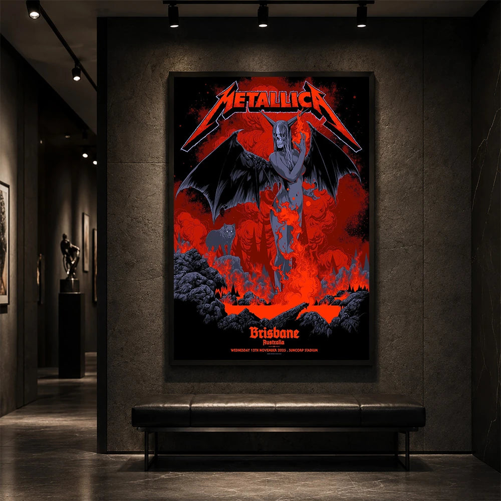 Metallica M72 World Tour November 12 2025 Suncorp Stadium Brisbane Australia poster canvas by Ken Taylor featuring a winged skeletal demon, flame details, wolf, red smoke, volcanic rocks, lava and Brisbane event text.