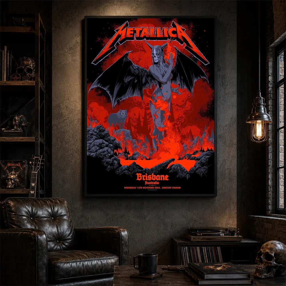 Metallica M72 World Tour November 12 2025 Suncorp Stadium Brisbane Australia poster canvas by Ken Taylor featuring a winged skeletal demon, flame details, wolf, red smoke, volcanic rocks, lava and Brisbane event text.