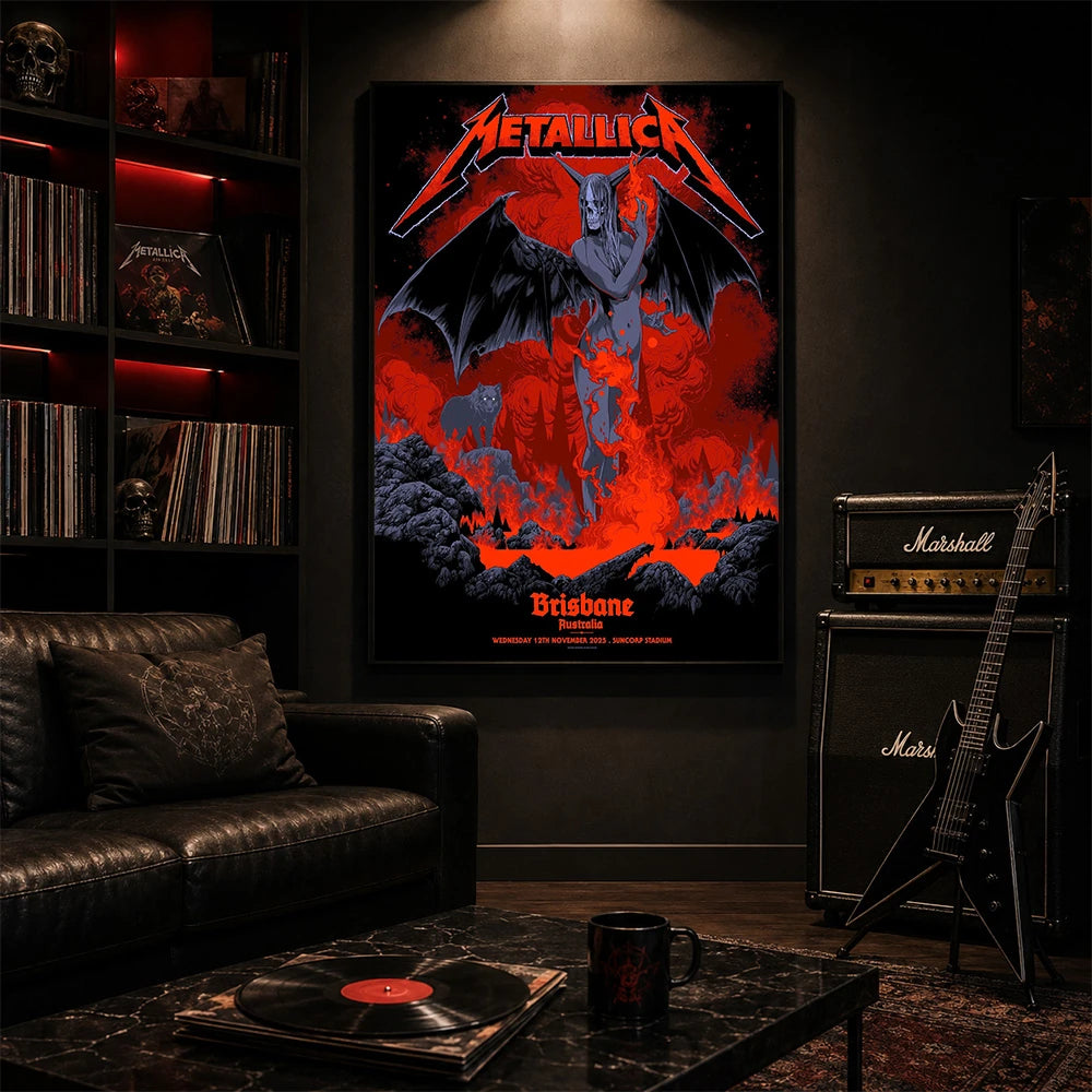 Metallica M72 World Tour November 12 2025 Suncorp Stadium Brisbane Australia poster canvas by Ken Taylor featuring a winged skeletal demon, flame details, wolf, red smoke, volcanic rocks, lava and Brisbane event text.