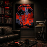 Metallica M72 World Tour November 12 2025 Suncorp Stadium Brisbane Australia poster canvas by Ken Taylor featuring a winged skeletal demon, flame details, wolf, red smoke, volcanic rocks, lava and Brisbane event text.
