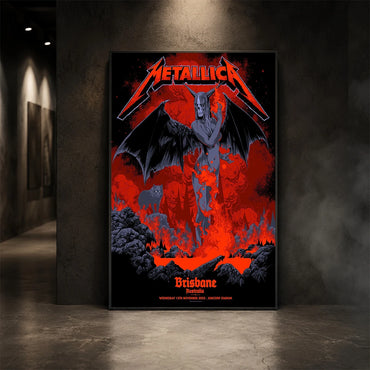 Metallica M72 World Tour November 12 2025 Suncorp Stadium Brisbane Australia poster canvas by Ken Taylor featuring a winged skeletal demon, flame details, wolf, red smoke, volcanic rocks, lava and Brisbane event text.