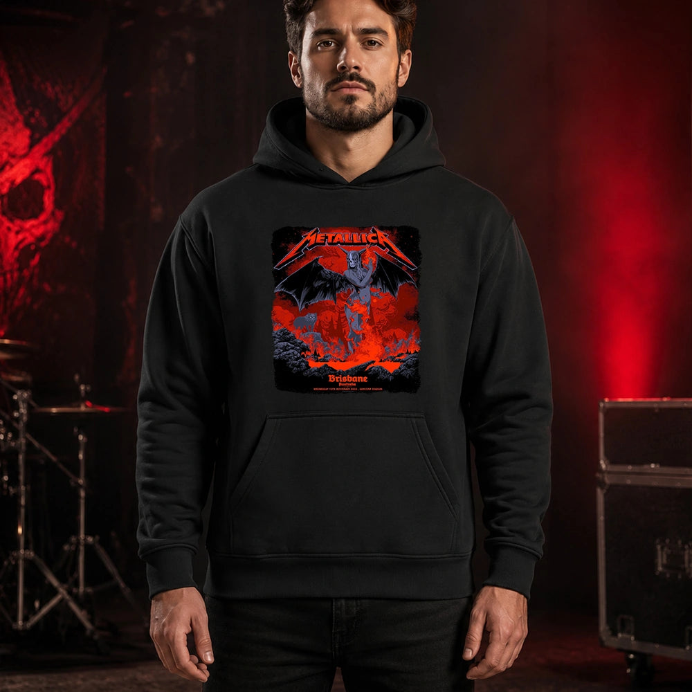 Metallica M72 World Tour November 12 2025 Suncorp Stadium Brisbane Australia T-shirt by Ken Taylor featuring a winged skeletal demon, flame details, wolf, red smoke, volcanic rocks, lava and Brisbane event text.